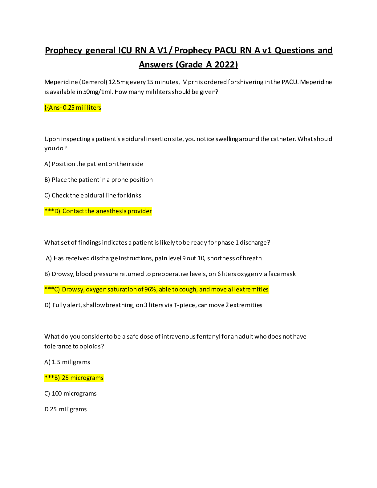 Preview image for Prophecy general ICU RN A V1/ Prophecy PACU RN A v1 Questions and Answers (Grade A 2022)